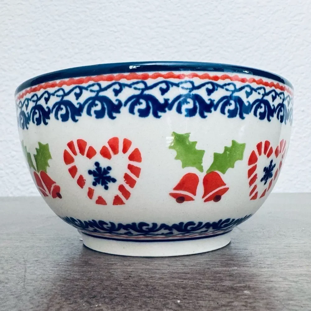 Boleslawiec Polish Pottery Christmas Candy Cane Holly Bells Dinner Bowl